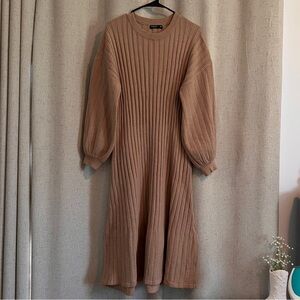 Winter Ribbed Knit Midi Bell Sleeves Dress in Tan size 1X